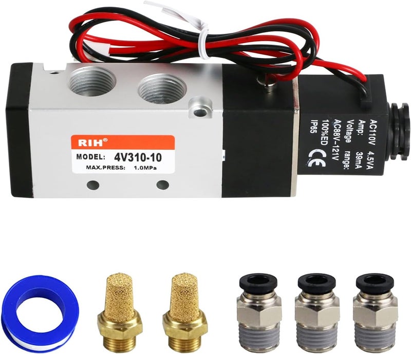 RH Pneumatics Solenoid Valve 4V310-10 12V/24V/110V Series Single Coil Pilot-Operated Electric 2 Position 5 Way Connection Type (AC110V/Out of line, 3/8"NPT) - Image 1